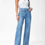 Παντελόνι Jean Wide Leg με Χιαστί Κούμπωμα ΜΠΛΕ