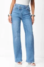 Παντελόνι Jean Wide Leg με Χιαστί Κούμπωμα ΜΠΛΕ - Image 2